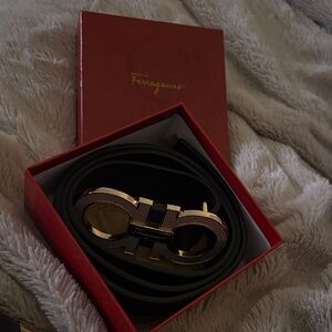 Salvatore Ferragamo Black Leather Belt with Gold Double Gancini Buckle